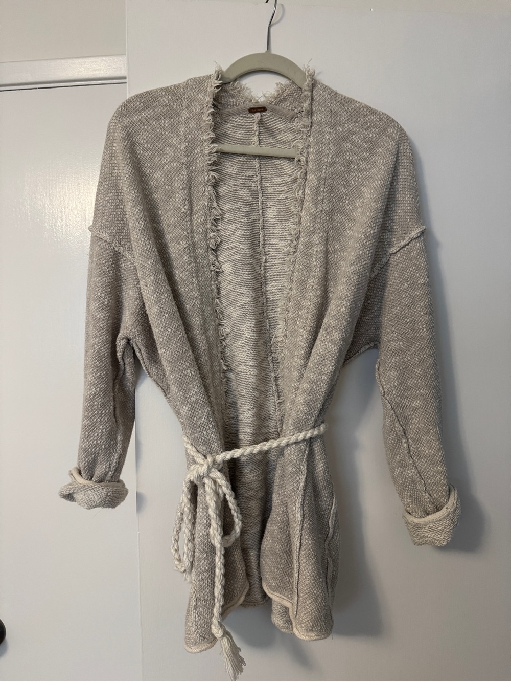 Free People Beige Open-Front Belted Cardigan with Fringe Trim